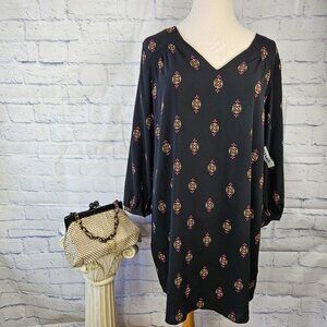 NWT Old Navy Size XXL Black Print Boho Peasant Shift Dress Long Sleeve V-Neck
